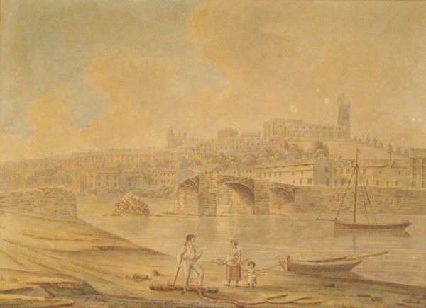 Only two arches of the bridge remain in this picture. There is a mound of broken stonework in the gap, between the two missing arches. Two small boats are moored in the river. The background is similar to earlier images, with buildings clustered on the side of the hill beyond the river, and the church and castle at the top. In the foreground a man is holding an axe and standing with his foot on a log. He's talking to a woman holding a bundle of smaller sticks, with a small child beside her.